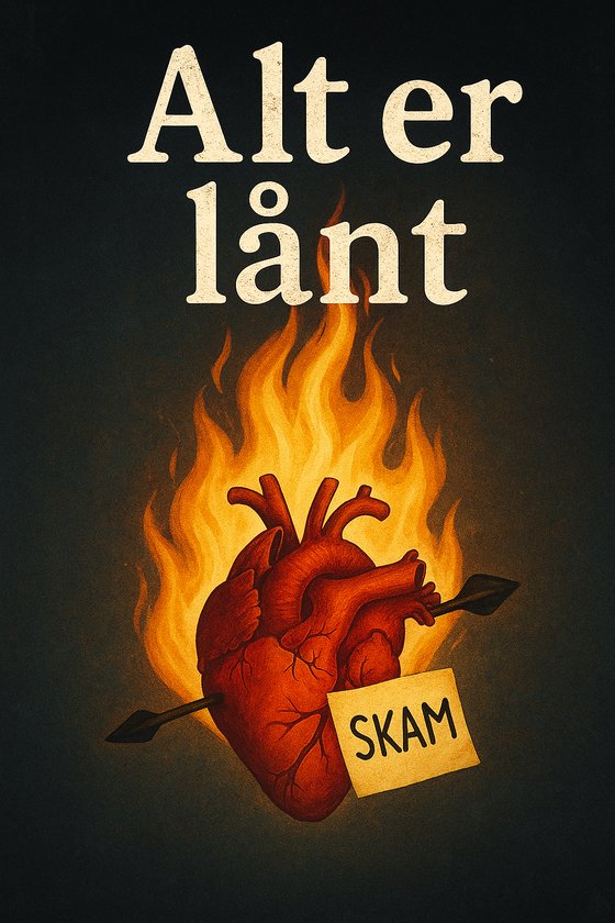 Forsiden af romanen Alt er lånt: et brændende hjerte med en pil med to spidser og et skilt, hvor der står skam